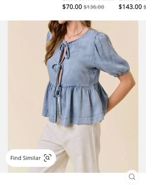 Doe & Rae Light Wash Blue Tie-Front Peplum Blouse